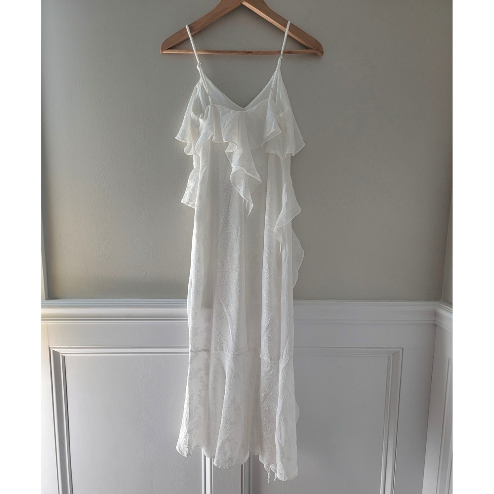 Wild Fable White Ruffle Midi Dress Floral Jacquard XS Adjustable Straps Slit
